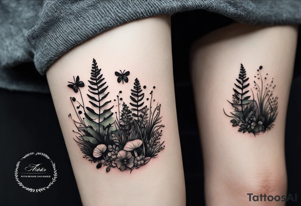 forest floor inspired minimalist tattoo, which includes grass, curly ferns, moss and dead leaves as the bulk of the tattoo. details to include: forest berries, a tiny bumblebee flying nearby, three small brown mushrooms
Generate a vertically long one tattoo idea