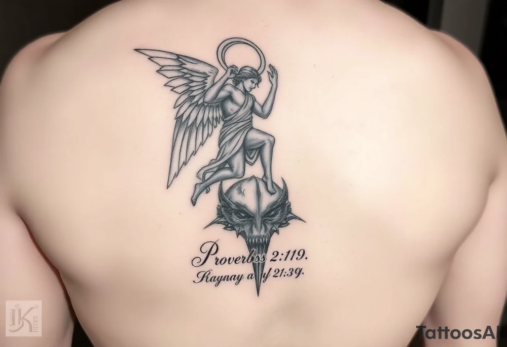 i want to fill my whole forearm so a full half sleeve can you generate archangel micheal stepping on the devils head like defeating him and then can you put  proverbs 21:39 below and put my moms name “Sharnay” with her eyes and fill wtv you want in with the rest just match the theme tattoo idea