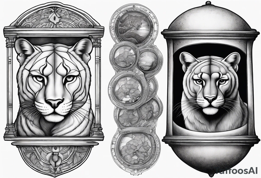 Brain in sagittal section and cougar inside hourglass. Brain in lower level, coguar in an upper level tattoo idea