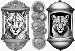 Brain in sagittal section and cougar inside hourglass. Brain in lower level, coguar in an upper level tattoo idea