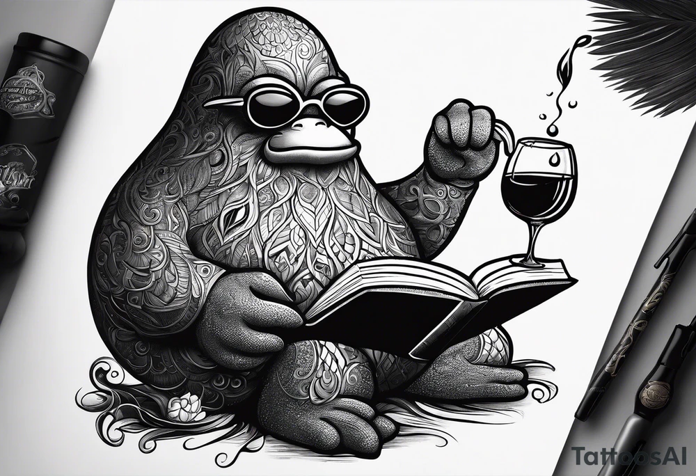 An avocado stickman drinking wine and reading a book tattoo idea