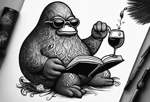 An avocado stickman drinking wine and reading a book tattoo idea