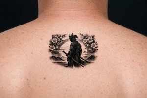 noble samurai warrior silhouette at sunset with cherry blossoms tattoo idea
