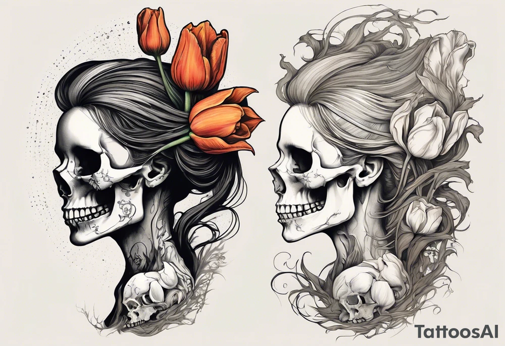 A profile view of a joyful female skull adorned with flowing, long hair, surrounded by symbolism representing the cycle of life and decay. Include a contrast between a fully decayed tulip, a pristine and vibrant tulip in full bloom, and a delicate tulip bud, all harmonizing with the eerie yet beautiful ambiance of the scene. tattoo idea