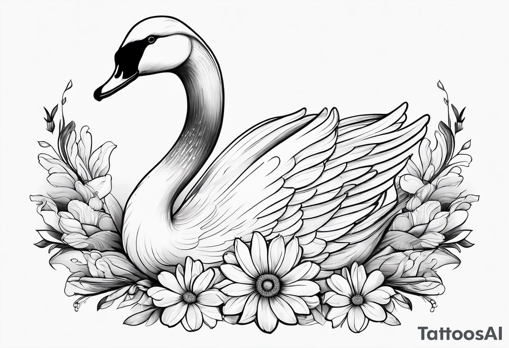 Line work swan with daisy flower tattoo idea