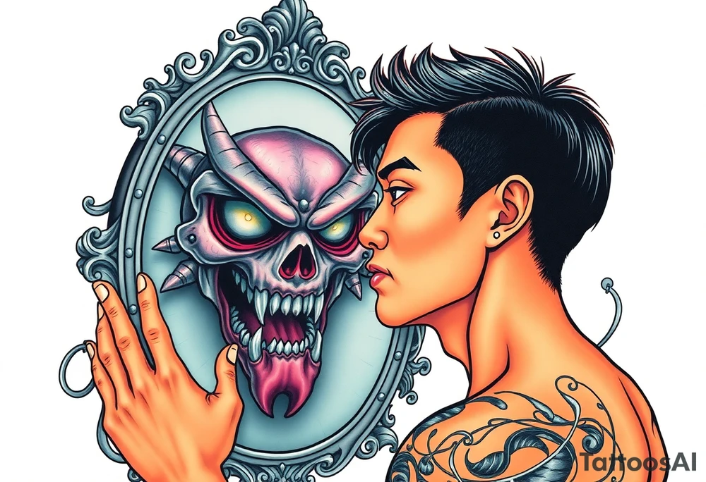 Handsome Asian young guy is looking in cursed mirror and see the evil tattoo idea