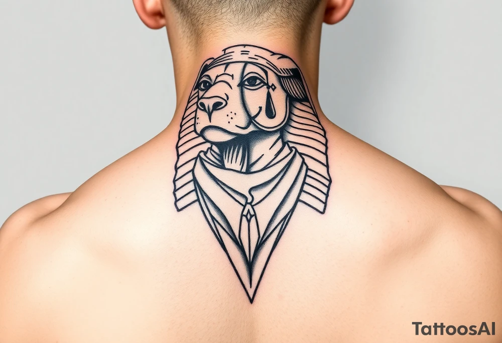 "Sphinx wearing a bandana, teardrop tattoo under its eye. 

Style: Prison tattoo meets hieroglyph carving. Black ink, chest piece." tattoo idea