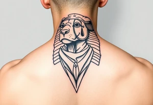 "Sphinx wearing a bandana, teardrop tattoo under its eye. 

Style: Prison tattoo meets hieroglyph carving. Black ink, chest piece." tattoo idea