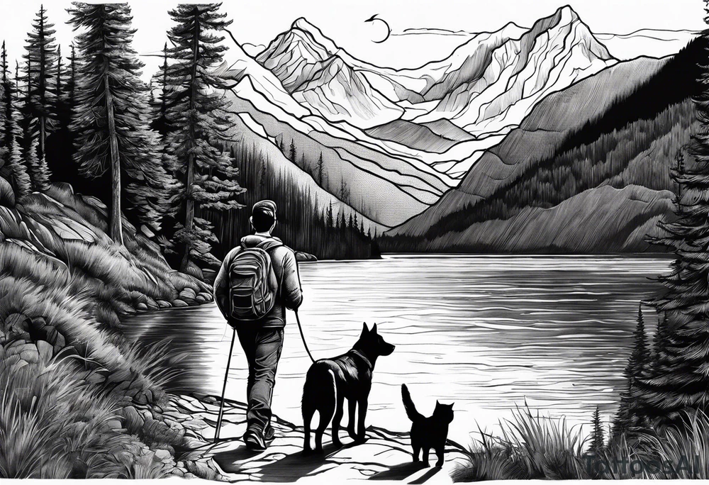 nature, sunset, mountains, a father and son hiking with their dog and cat by the water tattoo idea