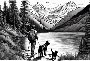 nature, sunset, mountains, a father and son hiking with their dog and cat by the water tattoo idea
