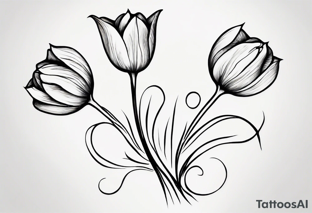 Generate a compelling tattoo design featuring three tulips with intertwining stems. Emphasize the graceful entwining of the stems, creating a harmonious and visually captivating composition. Each tulip should showcase distinct characteristics, from the delicate curves of the petals to the intricate details of the stamen. Consider incorporating elements that symbolize unity, growth, and interconnectedness. Capture the essence of nature's beauty while ensuring the overall design is balanced and aesthetically pleasing. tattoo idea