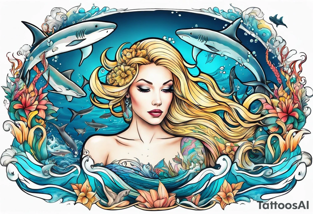 Blond mermaid swimming with sharks and whales tattoo idea