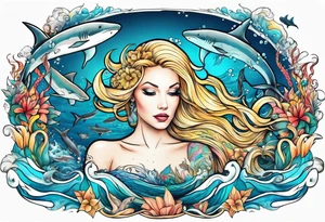 Blond mermaid swimming with sharks and whales tattoo idea