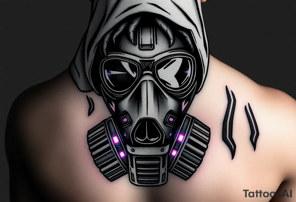 Tech-Nomad Mask
A stylized, worn-out respirator or gas mask, modified with neon lights and HUD displays.
Dreadlocks or a tattered hood for a post-apocalyptic feel.
A mix of traditional shading with futuristic digital glows. tattoo idea