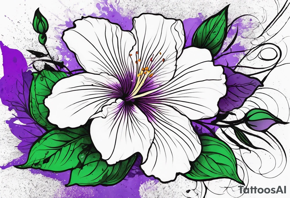 An outline of a rio dipladenia flower with a green/purple watercolor splash in the background tattoo idea