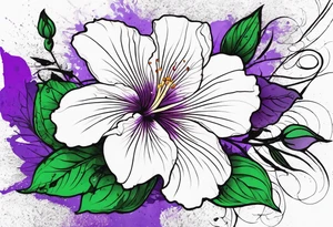 An outline of a rio dipladenia flower with a green/purple watercolor splash in the background tattoo idea