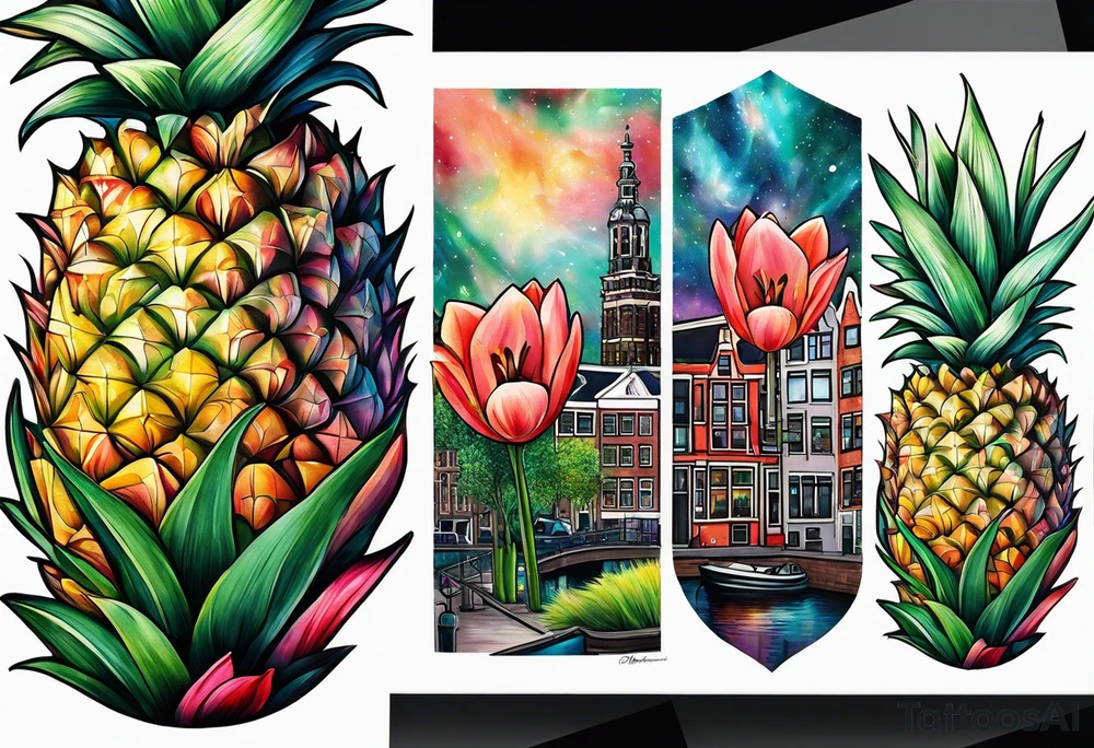 Pineapples and tulips under canal in Amsterdam with Amsterdam houses filled with animals and wildlife in space featuring galaxy colours tattoo idea