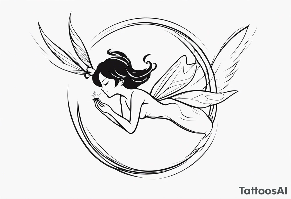 Minimalistic, monochromatic fairy with a tail flying to the left in a fetal position, leaning and looking in the same direction, with visible hands, embodying the 'Fairy Tail' logo aesthetic. tattoo idea