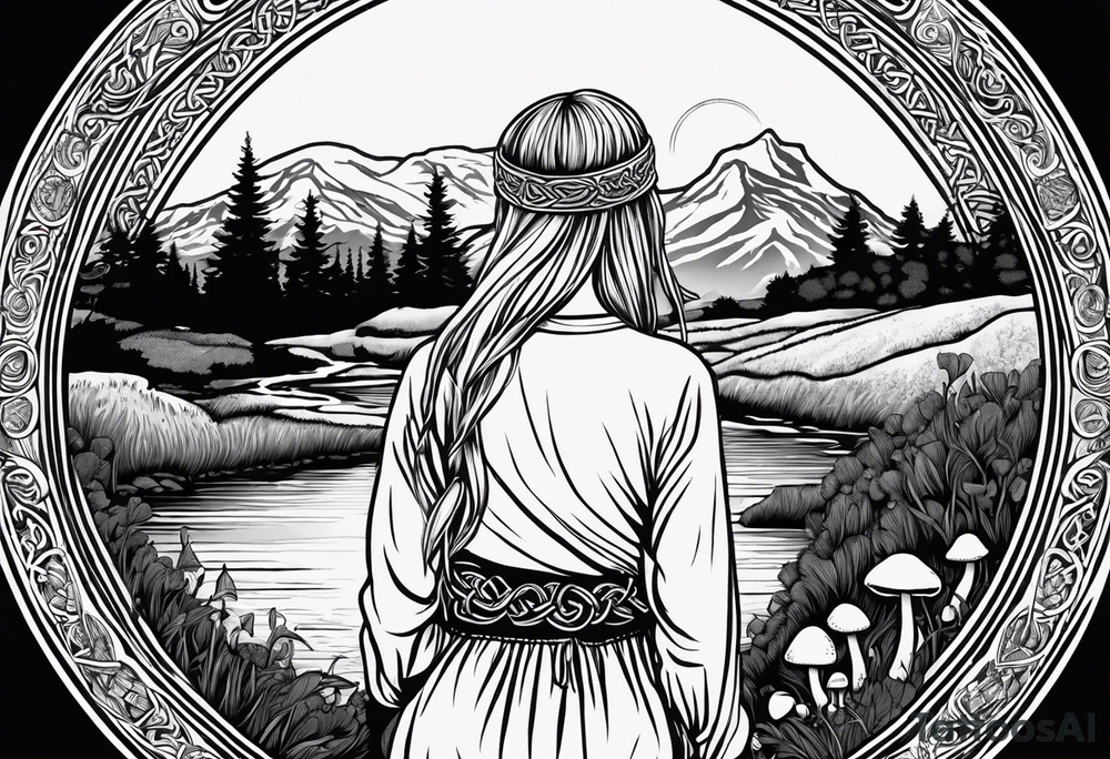 Whole picture encircled fully

Straight long blonde hair hippie girl in distance holding mushrooms in hand facing away toward mountains and creek surrounded by mushrooms long sleeve shirt and hiking pants; whole rendering within a full celtic circle border, no cut off circle tattoo idea