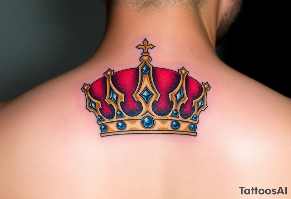 A regal gold crown tattoo adorned with deep red velvet lining, shimmering sapphire-blue gemstones, and subtle black shadowing underneath to give it a bold, three-dimensional look. tattoo idea