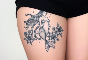ethereal mermaid with flowing hair among coral and sea flowers tattoo idea