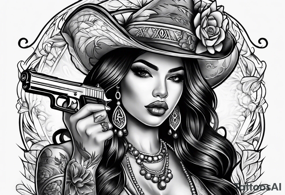 Chicano girl with pistol and smoking a joint tattoo idea