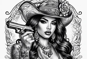 Chicano girl with pistol and smoking a joint tattoo idea