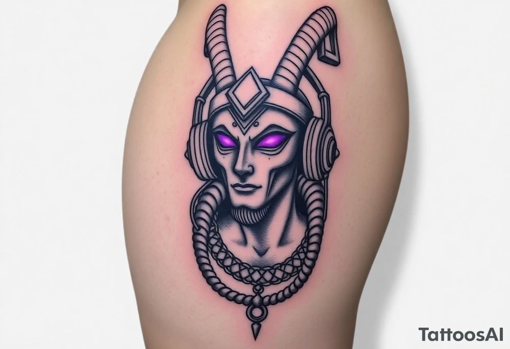 "Anubis with streamer headset, broadcasting to:  
- Left eye: Twitch chat ('F in chat for humanity')  
- Right eye: Дзен-просветление (ASCII-арт мандалы)  
Title: *'Unboxing your afterlife (4K 60fps)'*.  

Style: Digital trash art. Purple/black. Thigh." tattoo idea