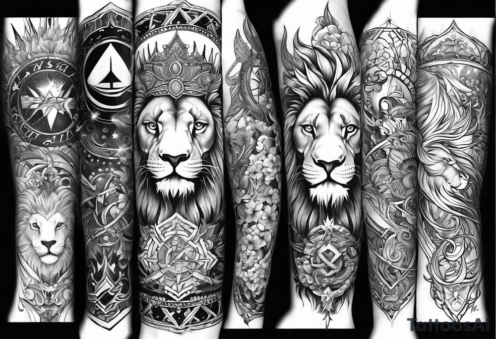 tattoo full sleeve that includes lion, cancer, aquarius and sagittarius signs tattoo idea