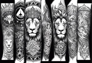tattoo full sleeve that includes lion, cancer, aquarius and sagittarius signs tattoo idea