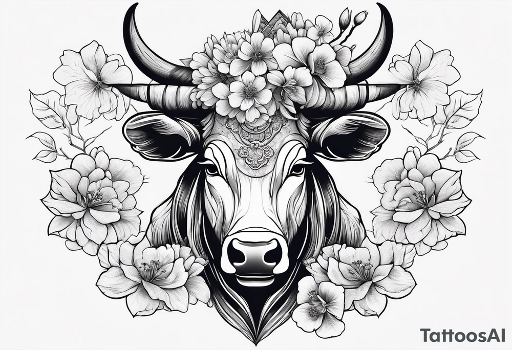 ox with sakura flowers and geisha tattoo idea