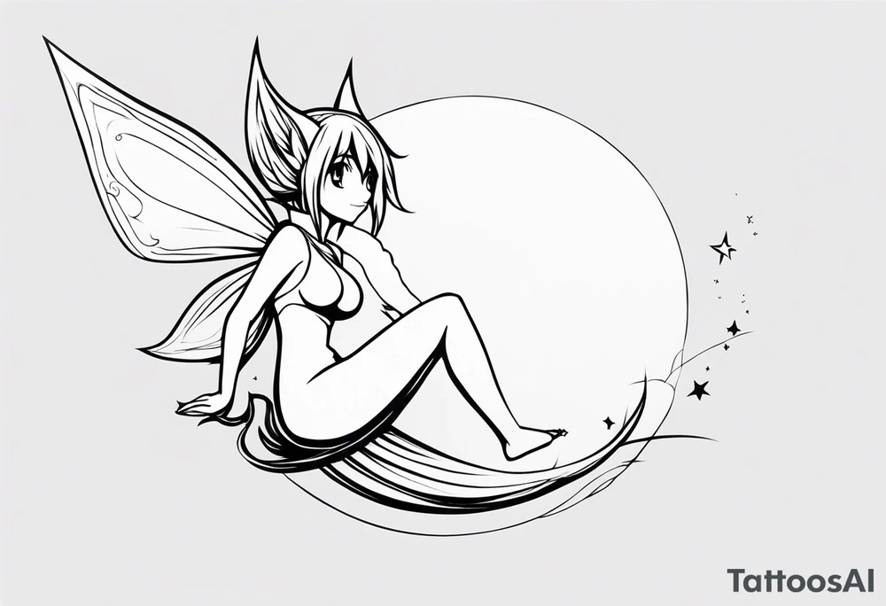 A fairy with a tail inspired by the logo of the anime show called Fairy Tail in a fetal position leaning in and forward while in the air floating tattoo idea