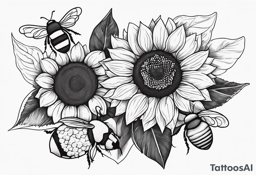 Sunflowers, bumblebees, honeycombs, sexy, elegant, vibrant tattoo idea
