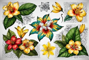 Half-sleeve flowers endemic to the Philippines such as Ylang Ylang, Jade vine, Anahaw leaf, do not use Sampaguita. Crawling like wildflowers on arms. Include batik texture and peranakan tile tattoo idea