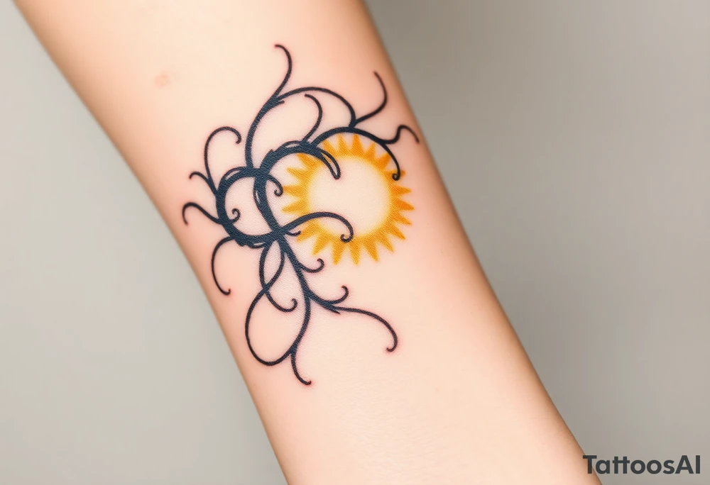 A soft golden light contrasting with shadowy black tendrils representing a battle between inner purity and external corruption. The light is depicted in radiant yellows, while the dark side uses deep blues and blacks. tattoo idea