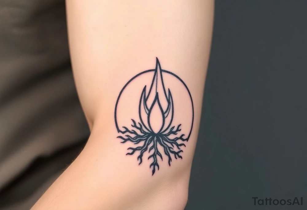 flame in a blooming roots circle tattoo idea