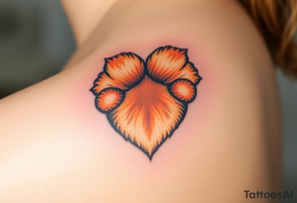 dog paw with fine fur details and warm shades of golden brown, caramel, and soft beige for a lifelike effect in a shape of heart tattoo idea