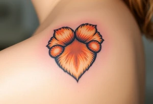 dog paw with fine fur details and warm shades of golden brown, caramel, and soft beige for a lifelike effect in a shape of heart tattoo idea