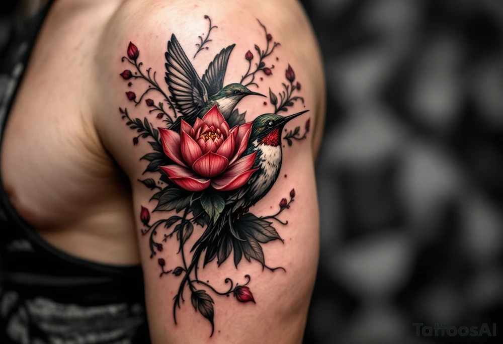 hummingbird and lotus flower, egyptian theme. Red and black only tattoo idea
