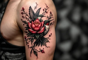 hummingbird and lotus flower, egyptian theme. Red and black only tattoo idea