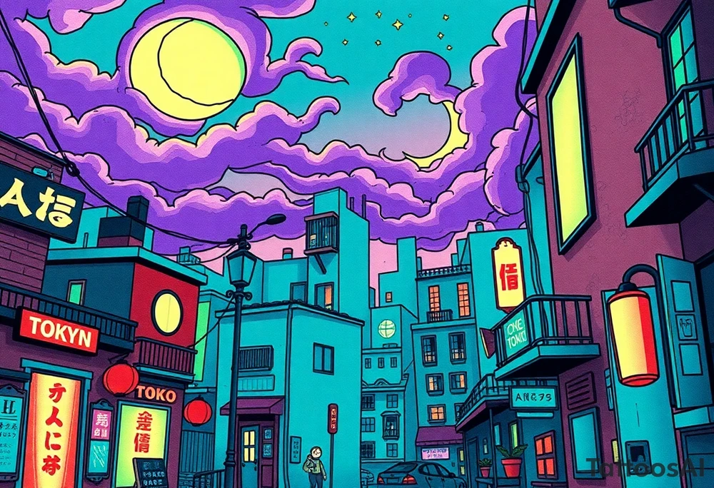 Tim Burton’s haunted pastel Tokyo apartment from the street view is littered in neon signs and dripping with muted reds, dusty pinks, and eerie green glow.purple and cyan smokey clouds swirl in the crescent moonlit sky thats sprinkled with stars tattoo idea tattoo idea