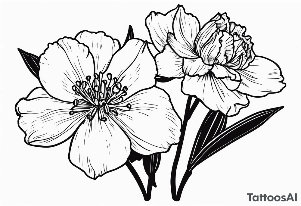 Two carnations, Two daffodils, One snowdrop, One hawthorn flower, Two honeysuckle blooms, tattoo idea