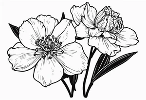 Two carnations, Two daffodils, One snowdrop, One hawthorn flower, Two honeysuckle blooms, tattoo idea