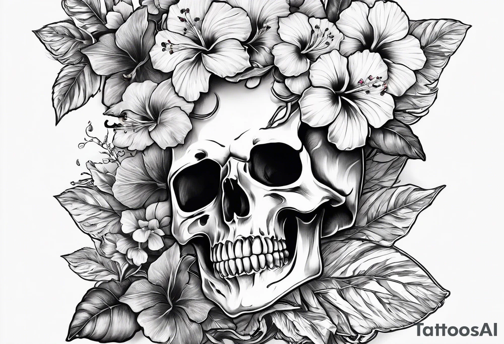 a female skeleton with hibiscus flower. Hint of south korea tattoo idea