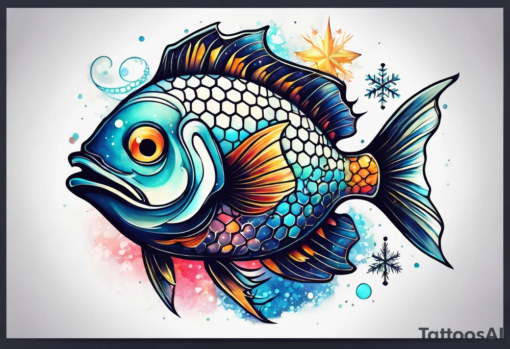 Constellation, animal fish, snowflake tattoo idea