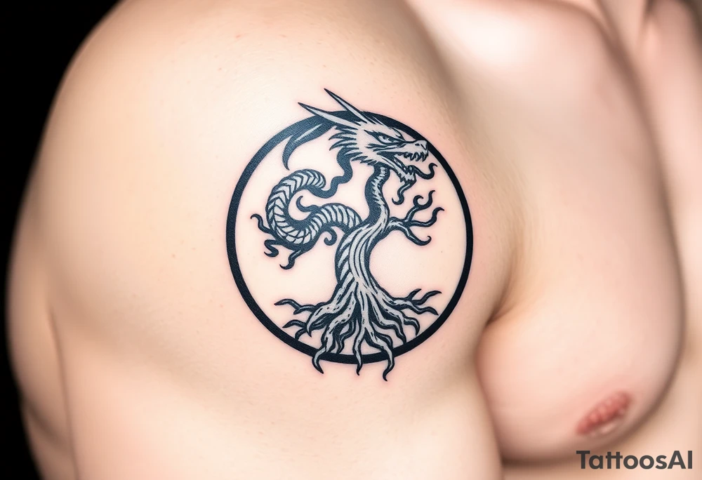 a dragon forming a circle with its body.  the dragon encircles the tree of life.  the dragon is eating the tree. the roots of the tree are strangling the dragon tattoo idea