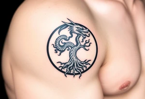 a dragon forming a circle with its body.  the dragon encircles the tree of life.  the dragon is eating the tree. the roots of the tree are strangling the dragon tattoo idea