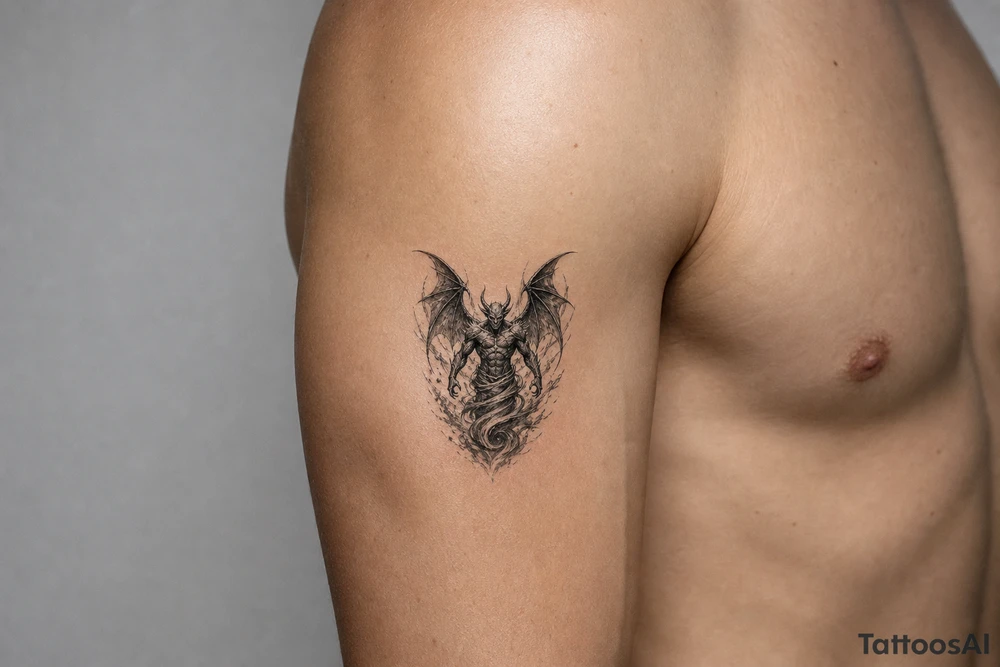 Winged air demon emerging from a swirling wind vortex, dark fantasy style. tattoo idea