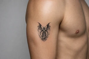 Winged air demon emerging from a swirling wind vortex, dark fantasy style. tattoo idea