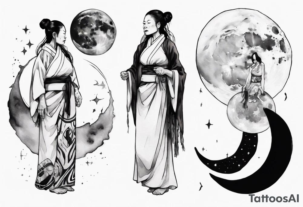 a 50-year-old indigenous woman wearing black and white robes standing on the moon tattoo idea